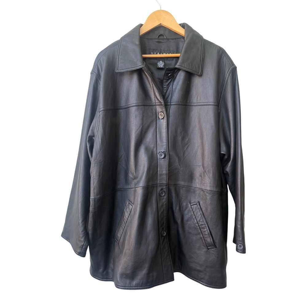 Womens Black Genuine Leather Long Jacket 3X Collar Button Front Quiet Luxury